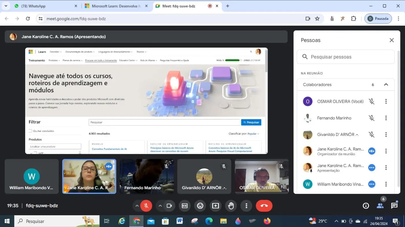 Registro fotográfico: PRIMEIRA REUNIÃO VIRTUAL DE TREINAMENTO DO CURSO DE INFORMÁTICA GRATUITO OFERECIDO AO GOB/RN, EM PARCERIA COM A MICROSOFT.