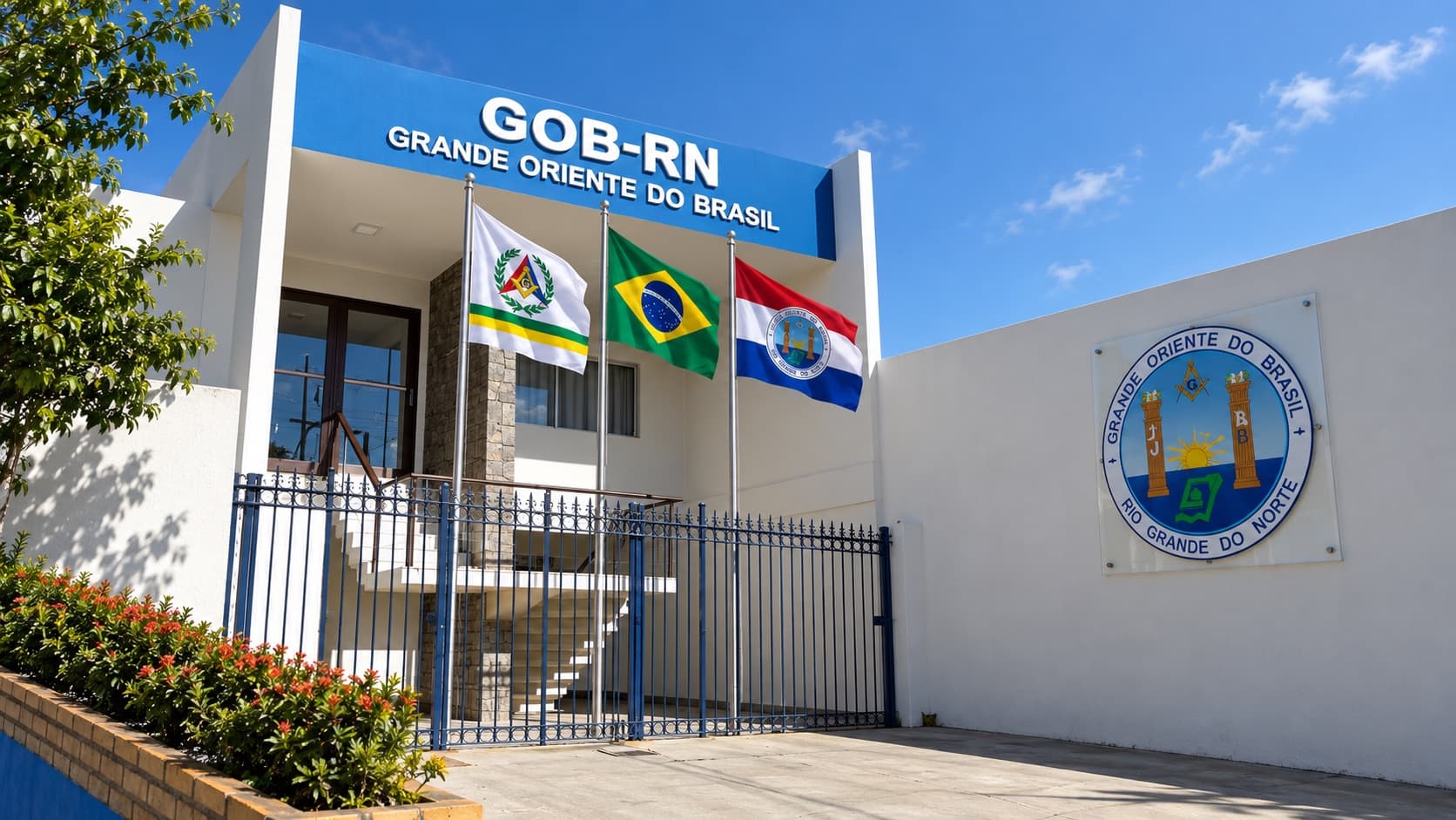 Fachada da sede do Grande Oriente do Brasil – Rio Grande do Norte, com as bandeiras do Estado, do Brasil e da Ordem
