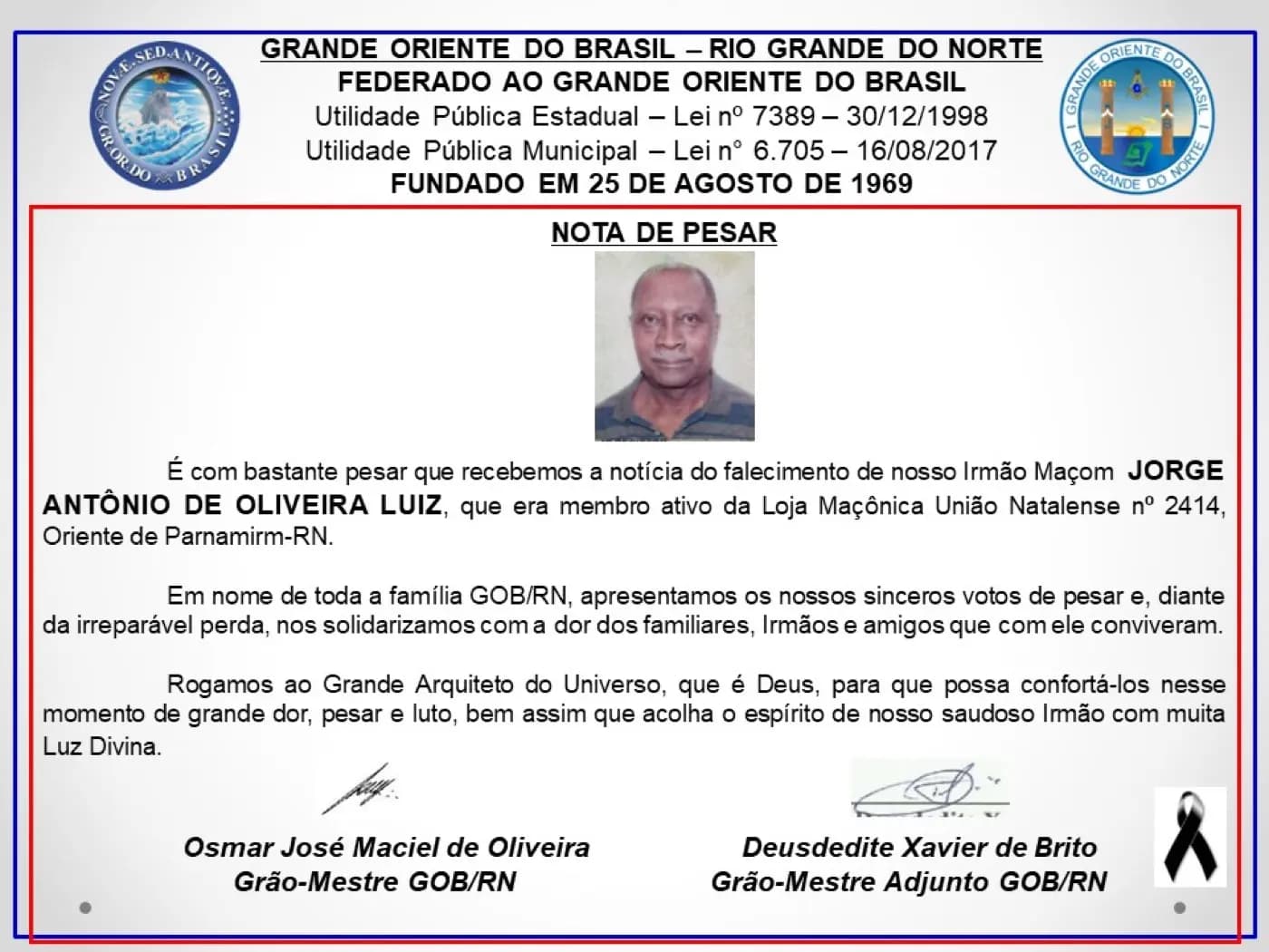 Registro fotográfico: NOTA DE PESAR