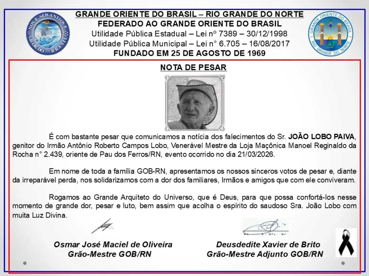 Registro fotográfico: NOTA DE PESAR